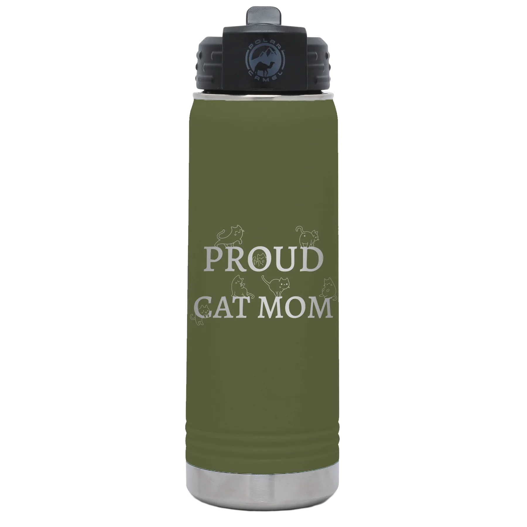Laser etched olive green 20 oz vacuum insulated water bottle with 'Proud Cat Mom' design