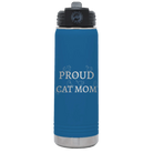 Laser etched royal blue 20 oz vacuum insulated water bottle with 'Proud Cat Mom' design