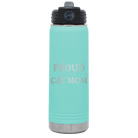 Laser etched teal 20 oz vacuum insulated water bottle with 'Proud Cat Mom' design