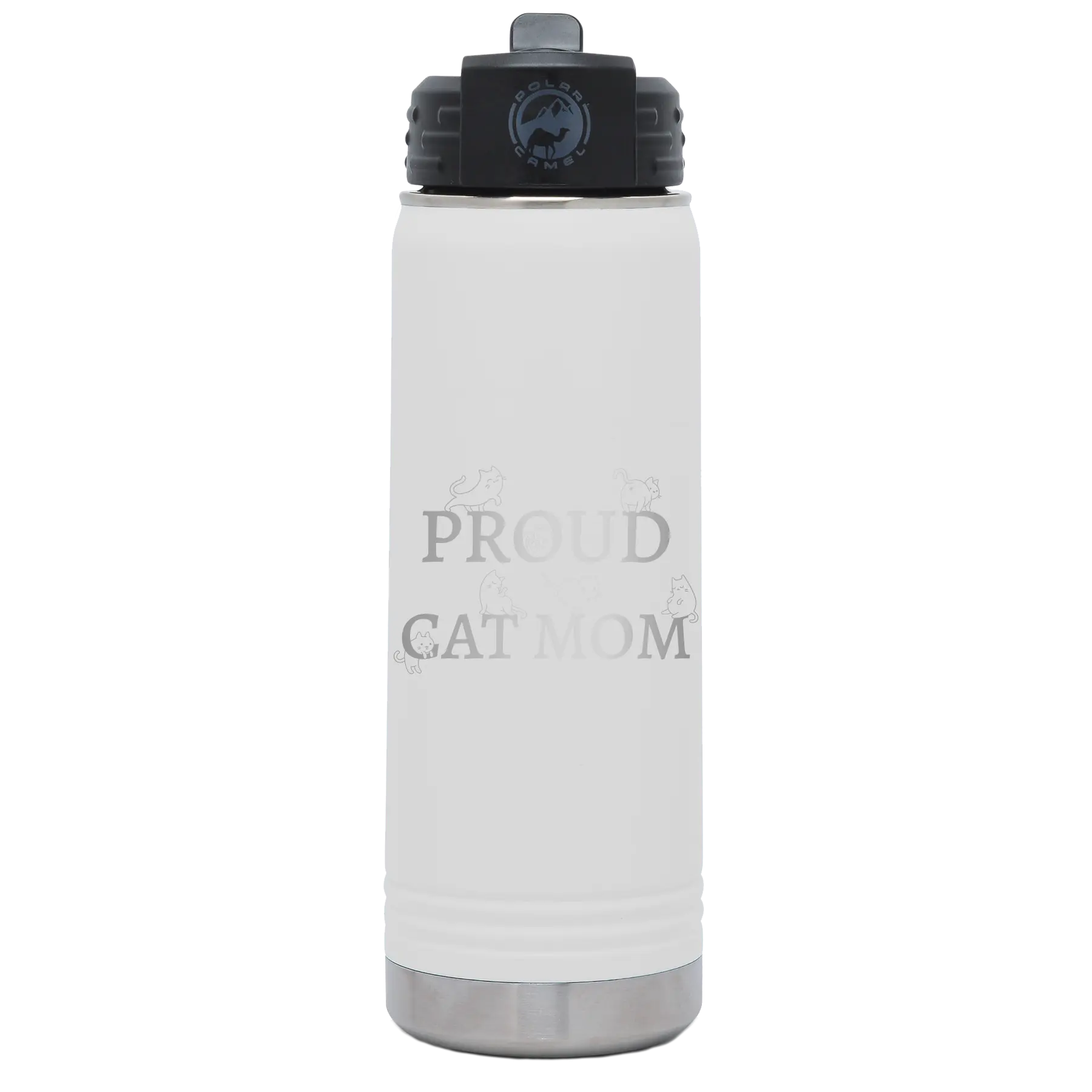 Laser etched white 20 oz vacuum insulated water bottle with 'Proud Cat Mom' design