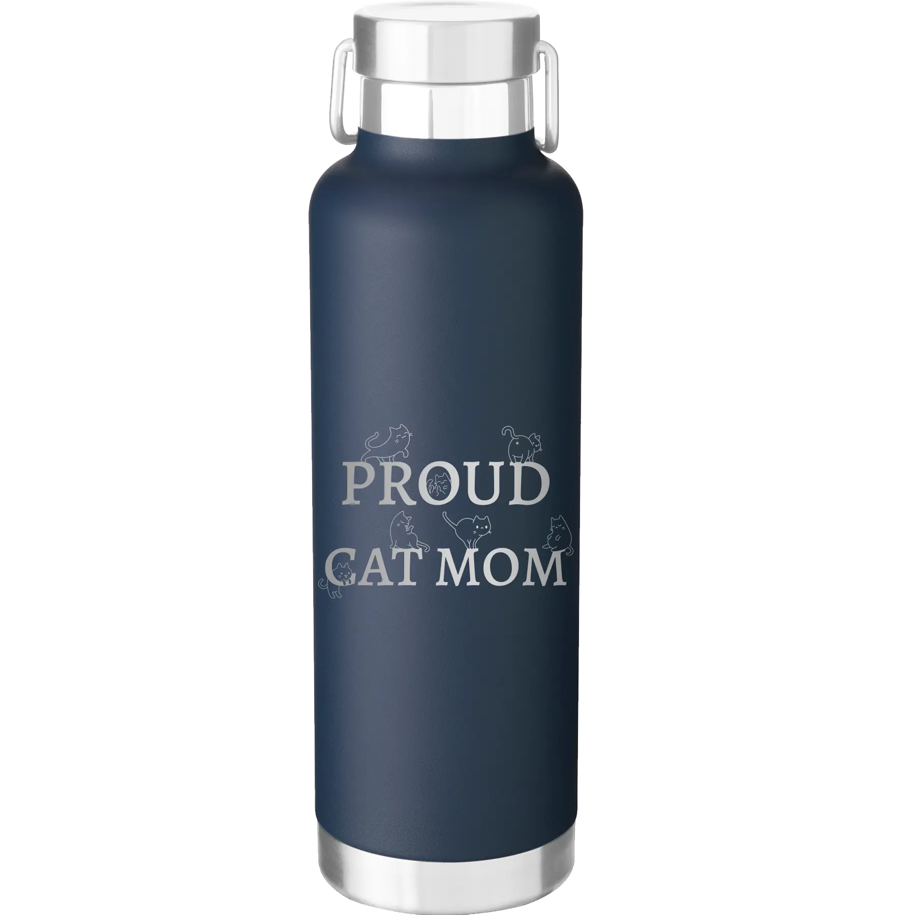 Laser etched navy 24 oz vacuum insulated water bottle with 'Proud Cat Mom' design