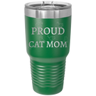Laser etched green 30 oz vacuum insulated tumbler with 'Proud Cat Mom' design