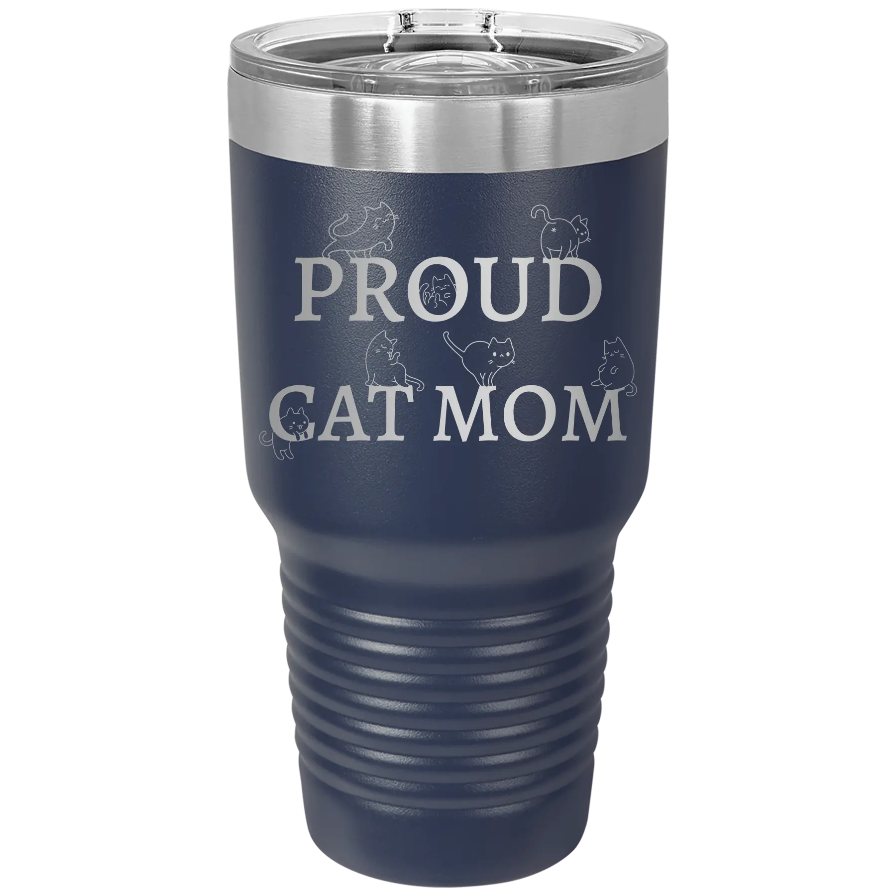 Laser etched navy 30 oz vacuum insulated tumbler with 'Proud Cat Mom' design