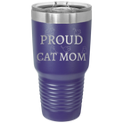 Laser etched purple 30 oz vacuum insulated tumbler with 'Proud Cat Mom' design