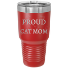 Laser etched red 30 oz vacuum insulated tumbler with 'Proud Cat Mom' design