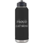 Laser etched black 32 oz vacuum insulated water bottle with 'Proud Cat Mom' design
