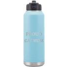 Laser etched light blue 32 oz vacuum insulated water bottle with 'Proud Cat Mom' design