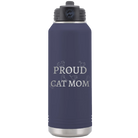 Laser etched navy 32 oz vacuum insulated water bottle with 'Proud Cat Mom' design