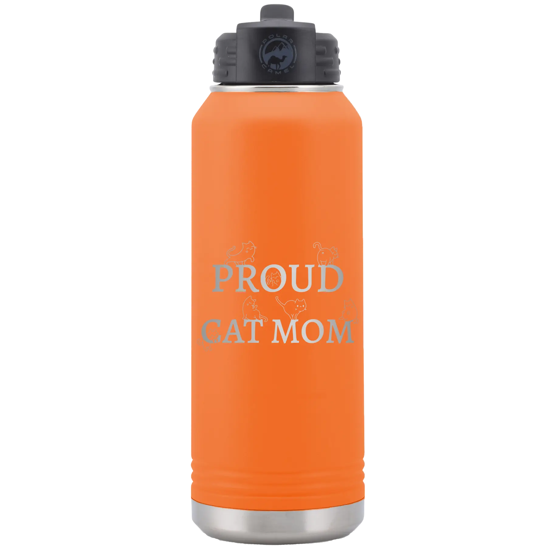 Laser etched orange 32 oz vacuum insulated water bottle with 'Proud Cat Mom' design