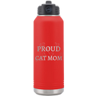 Laser etched red 32 oz vacuum insulated water bottle with 'Proud Cat Mom' design