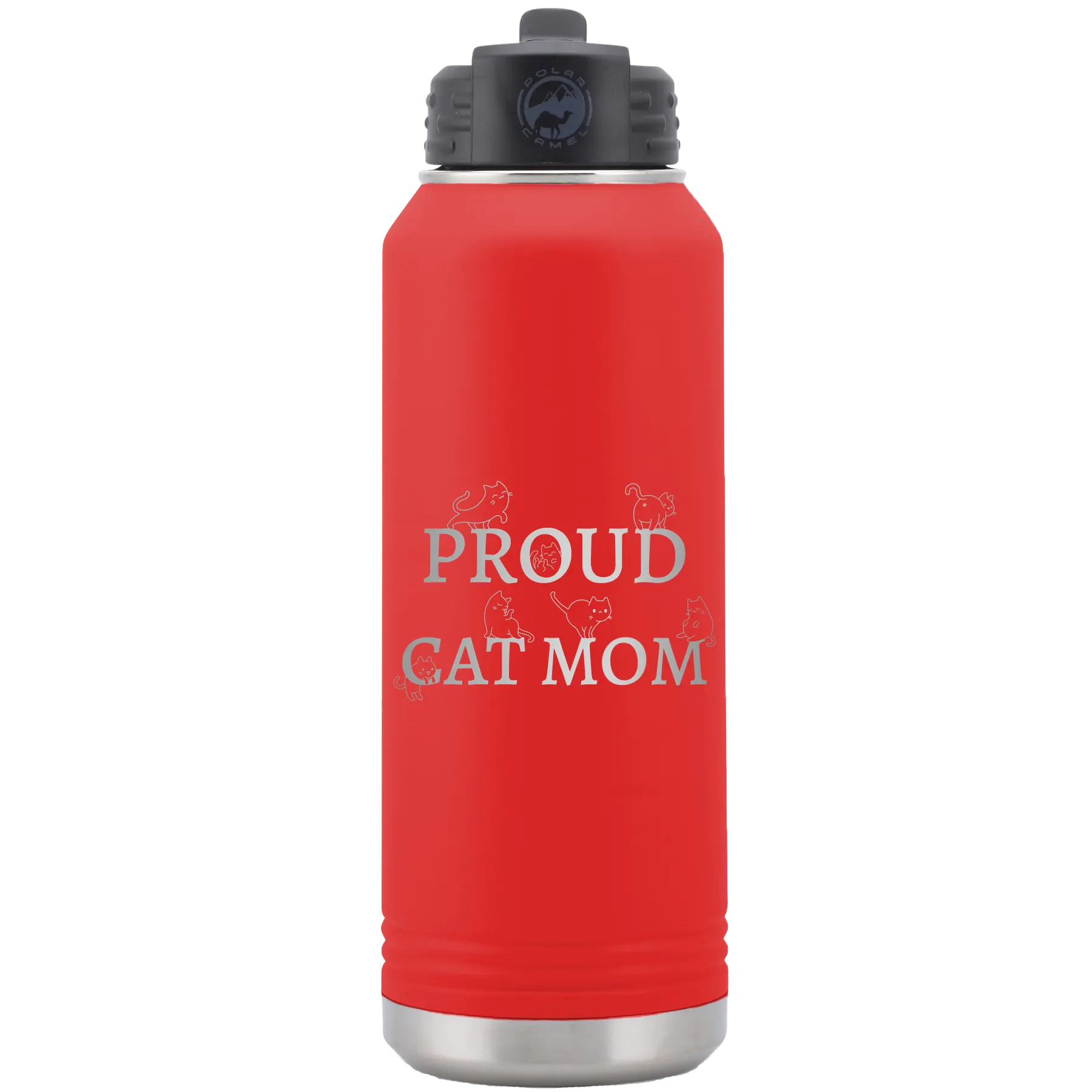 Laser etched red 32 oz vacuum insulated water bottle with 'Proud Cat Mom' design
