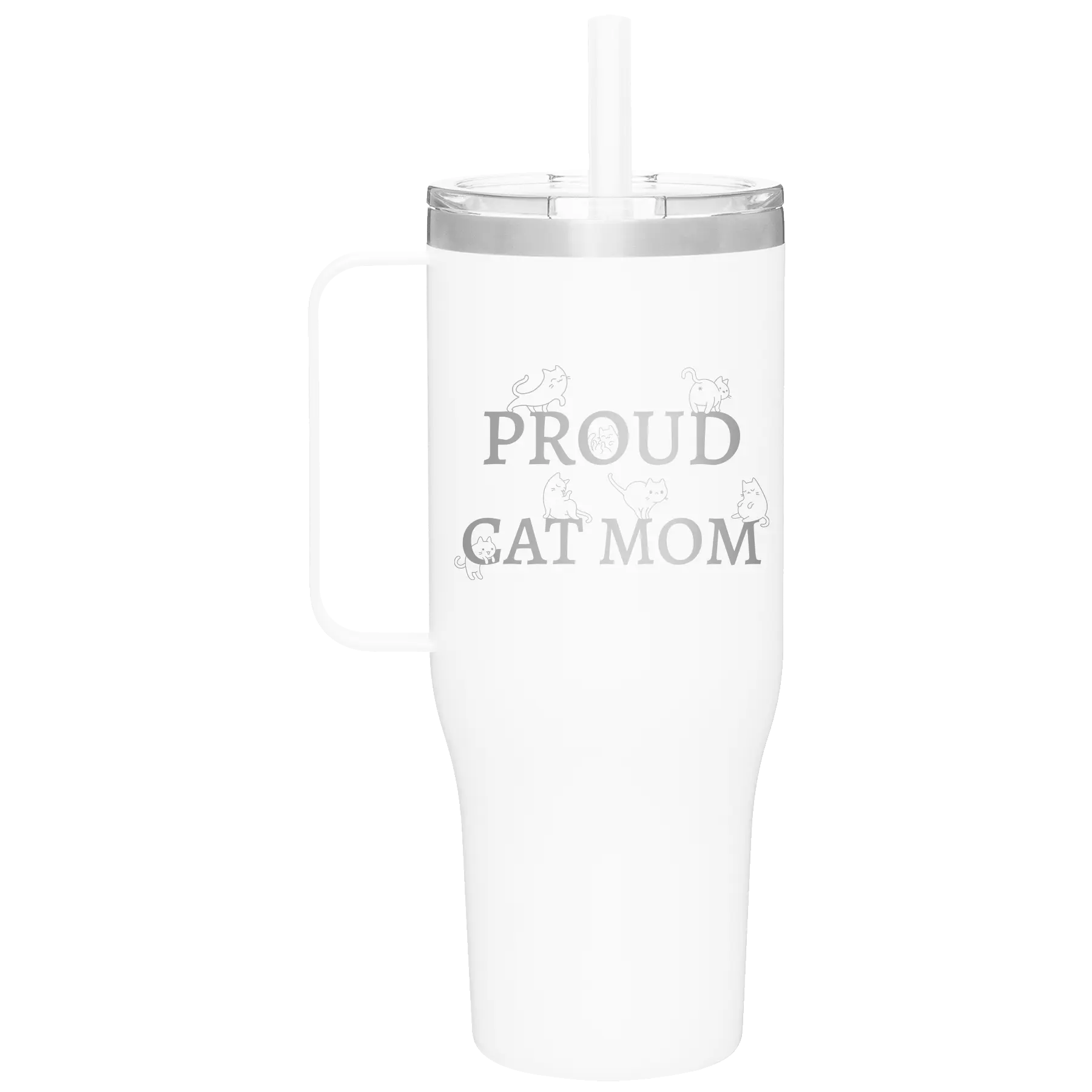 Laser etched white 40 oz vacuum insulated tumbler mug with 'Proud Cat Mom' design