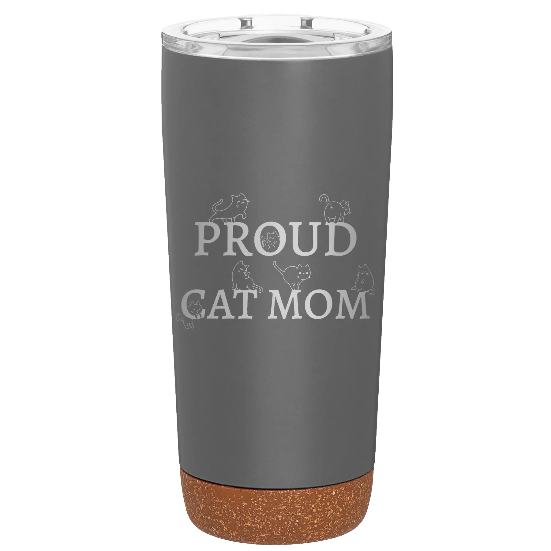Laser etched storm gray 20 oz vacuum insulated tumbler with 'Proud Cat Mom' design