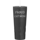 Laser etched black 20 oz vacuum insulated tumbler with 'Proud Cat Mom' design