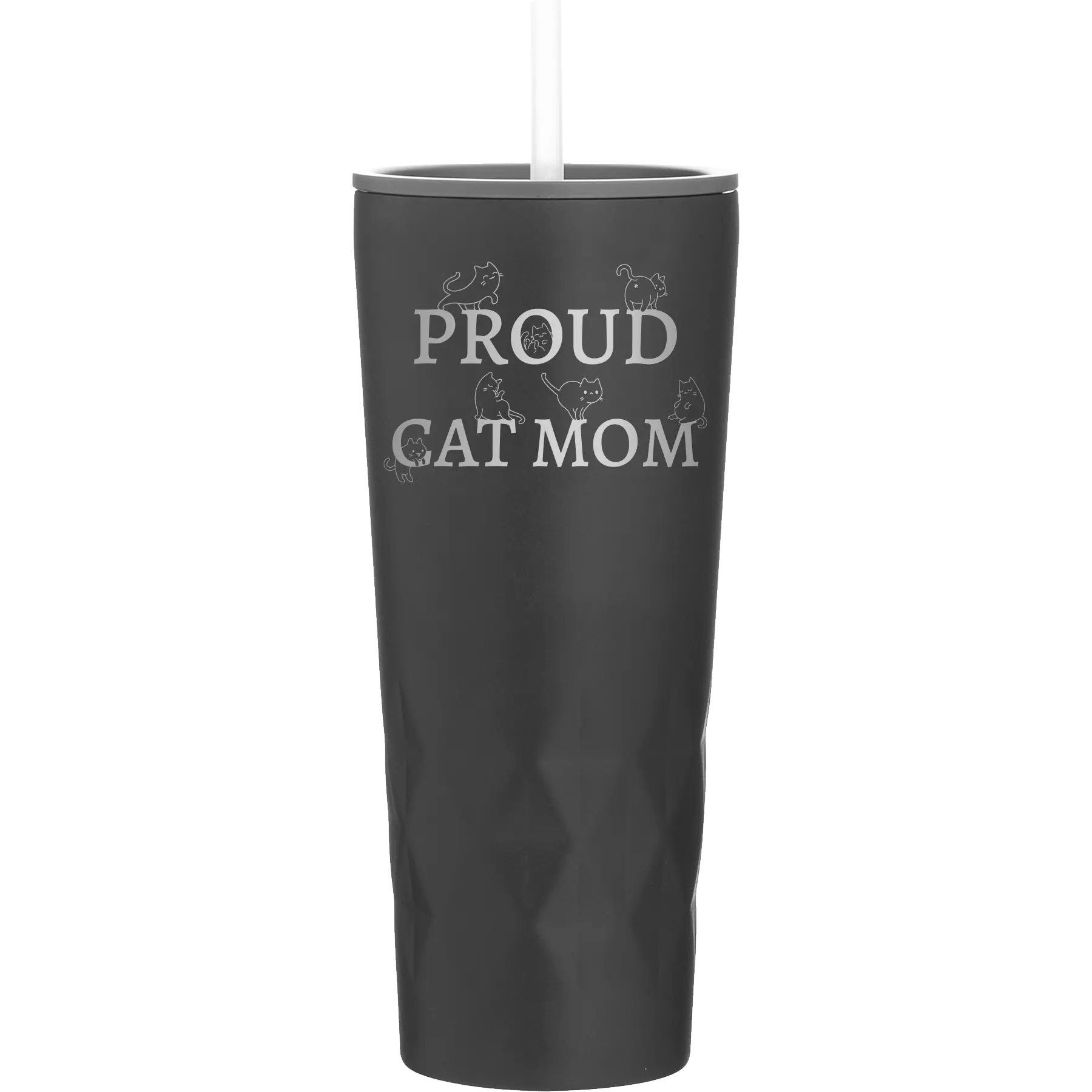 Laser etched black 20 oz vacuum insulated tumbler with 'Proud Cat Mom' design