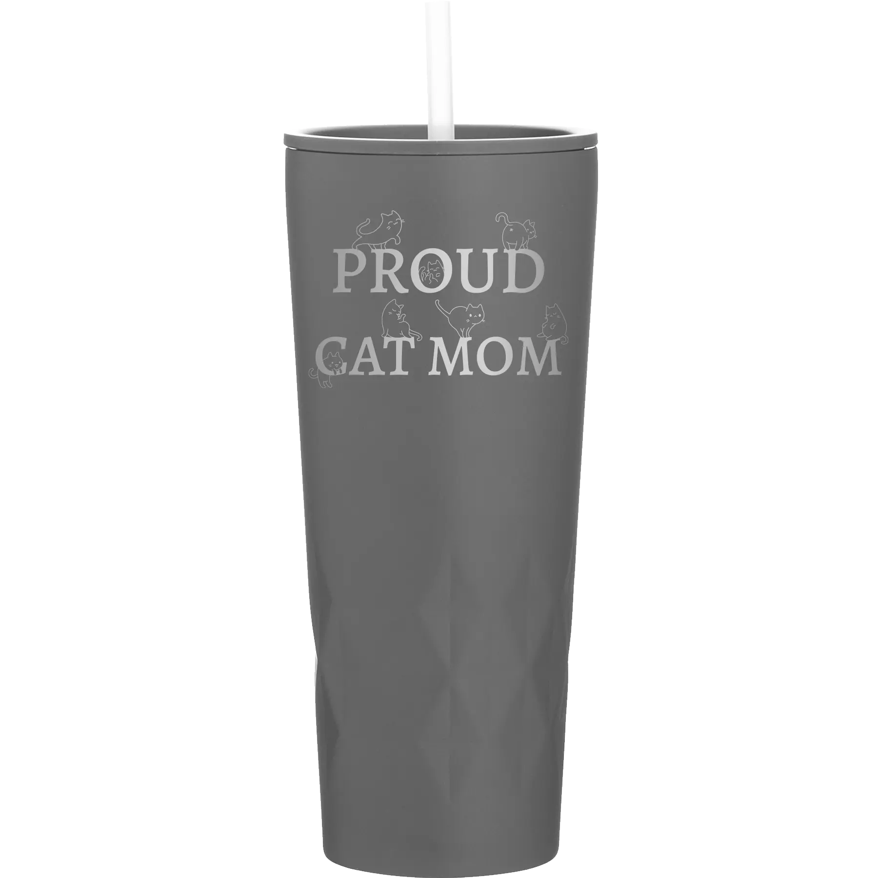 Laser etched slate 20 oz vacuum insulated tumbler with 'Proud Cat Mom' design