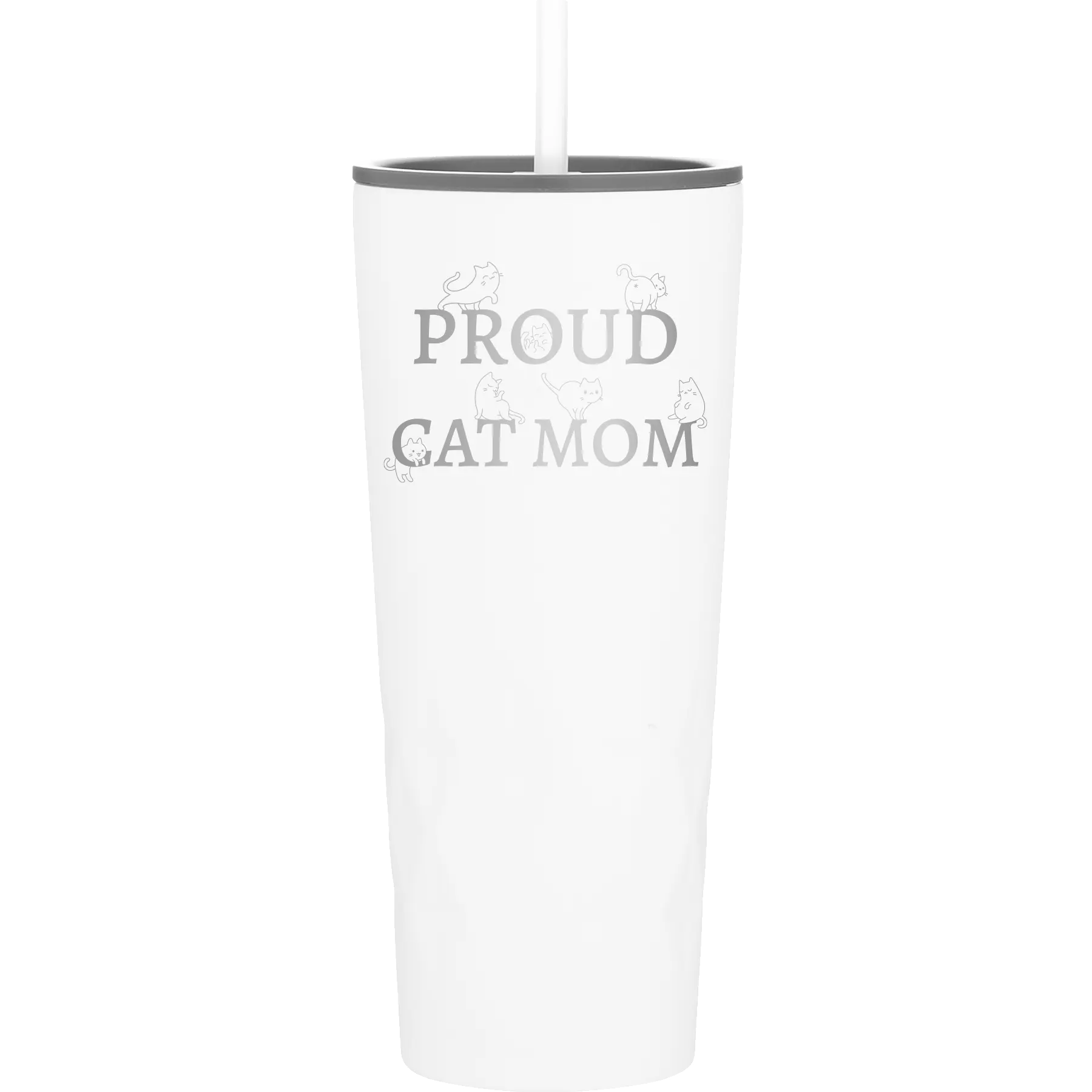 Laser etched white 20 oz vacuum insulated tumbler with 'Proud Cat Mom' design