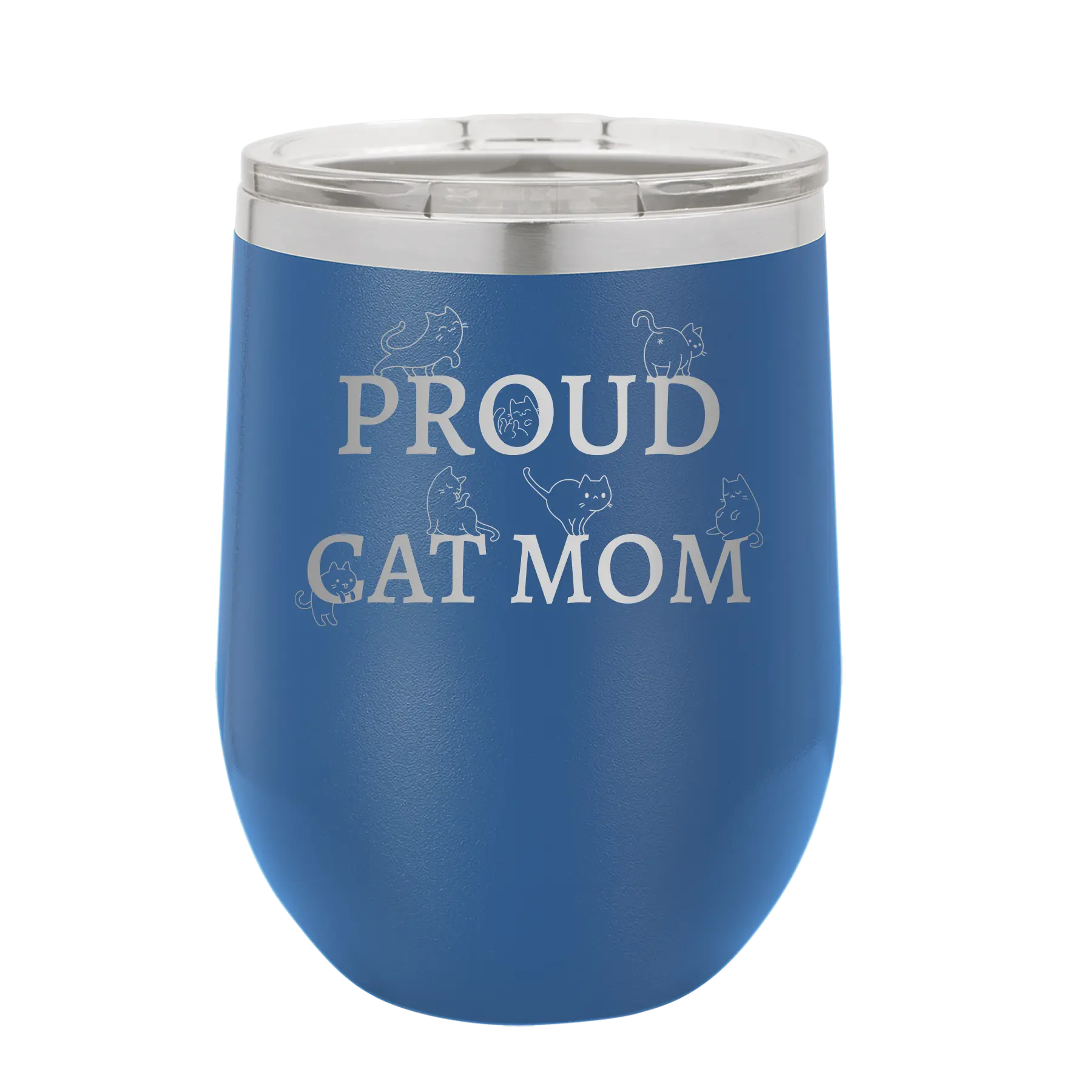 Laser etched royal blue 12 oz vacuum insulated wine cup with 'Proud Cat Mom' design