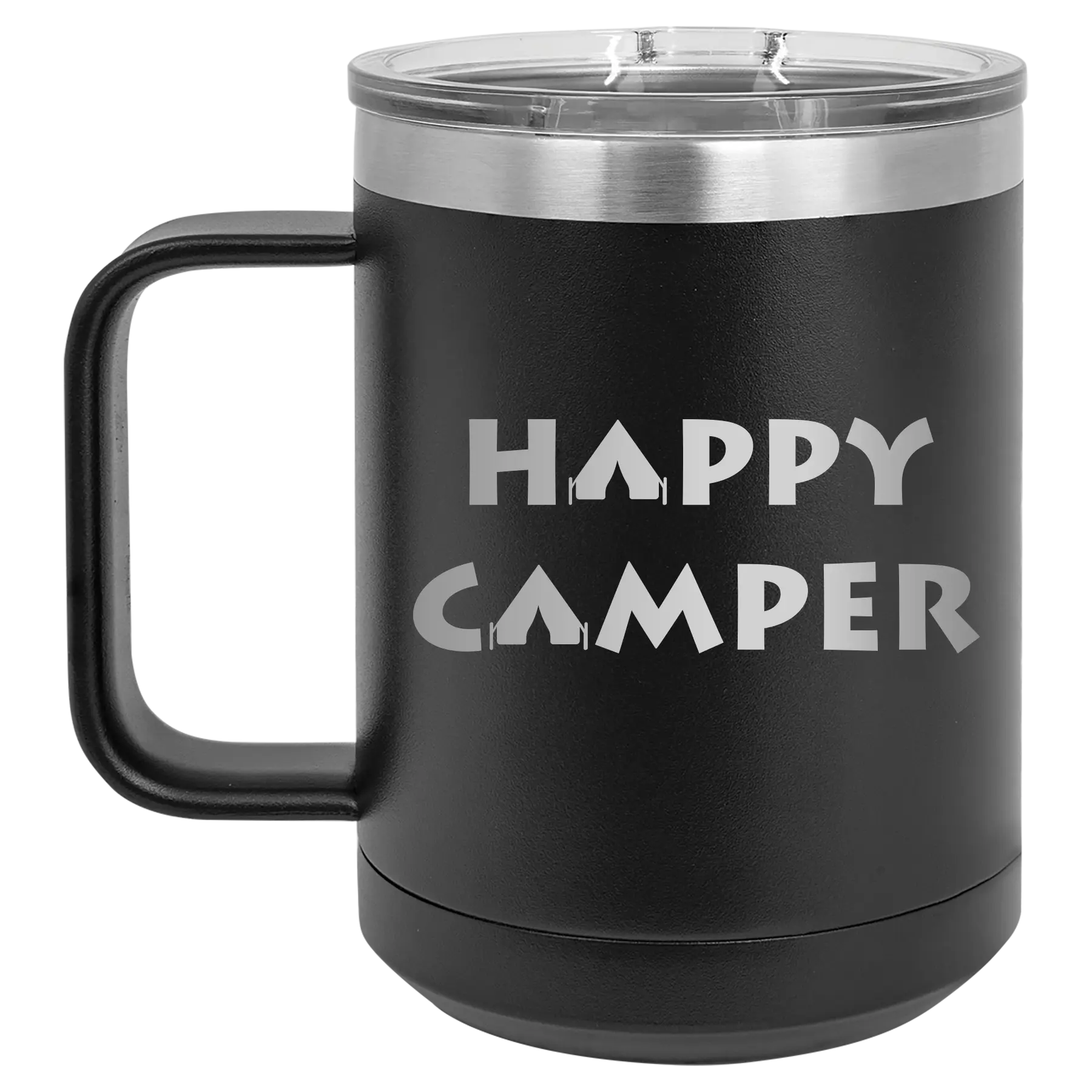 Laser etched black 15 oz vacuum insulated coffee mug with 'Happy Camper' design