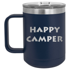 Laser etched navy 15 oz vacuum insulated coffee mug with 'Happy Camper' design