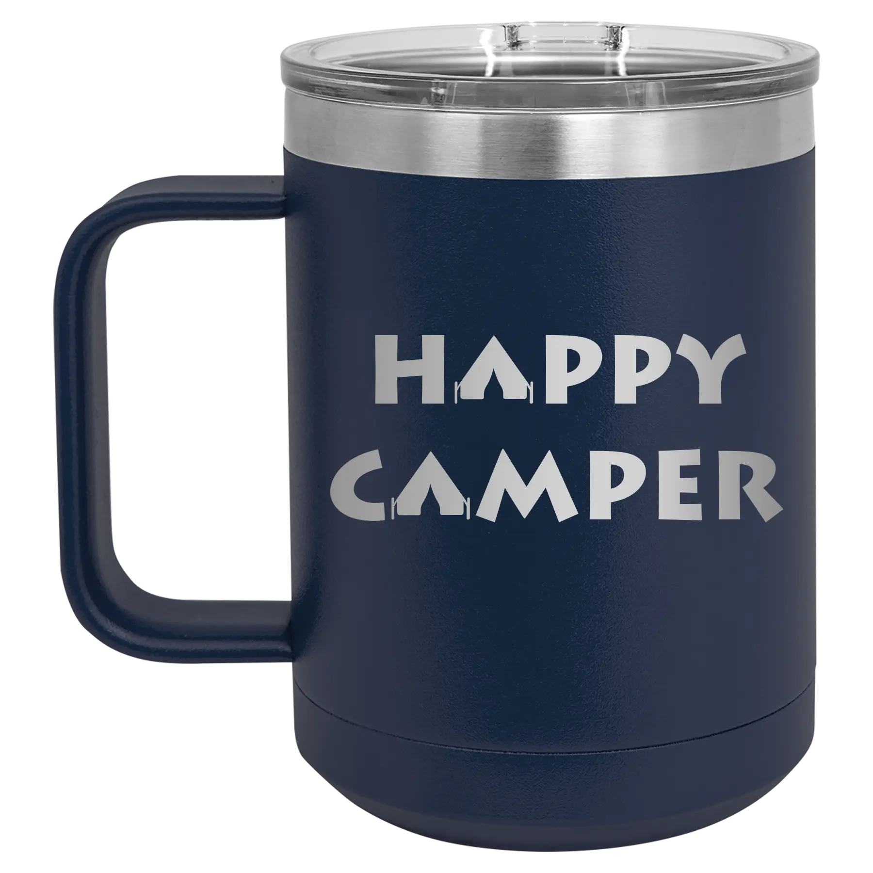 Laser etched navy 15 oz vacuum insulated coffee mug with 'Happy Camper' design