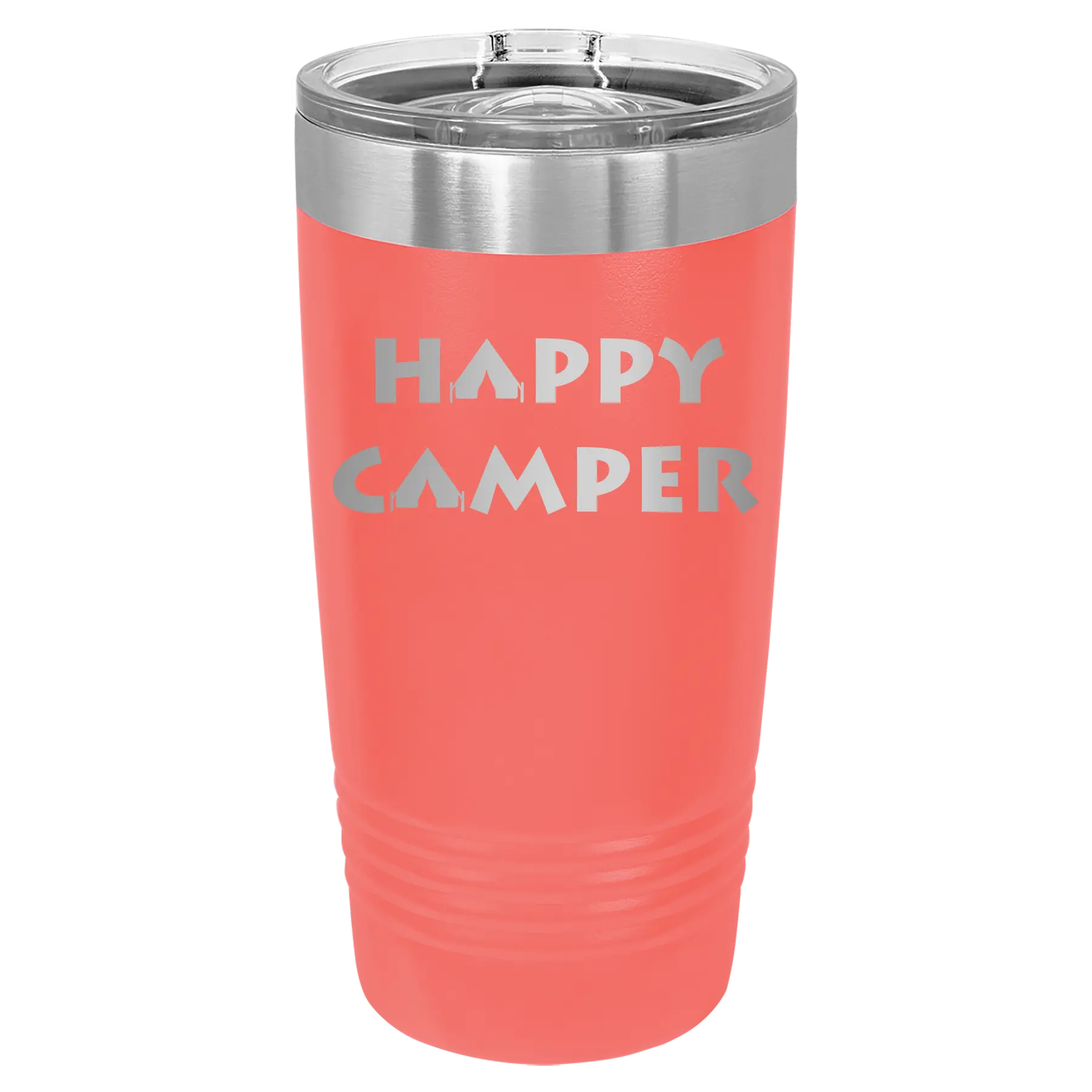 Laser etched coral 20 oz vacuum insulated tumbler with 'Happy Camper' design