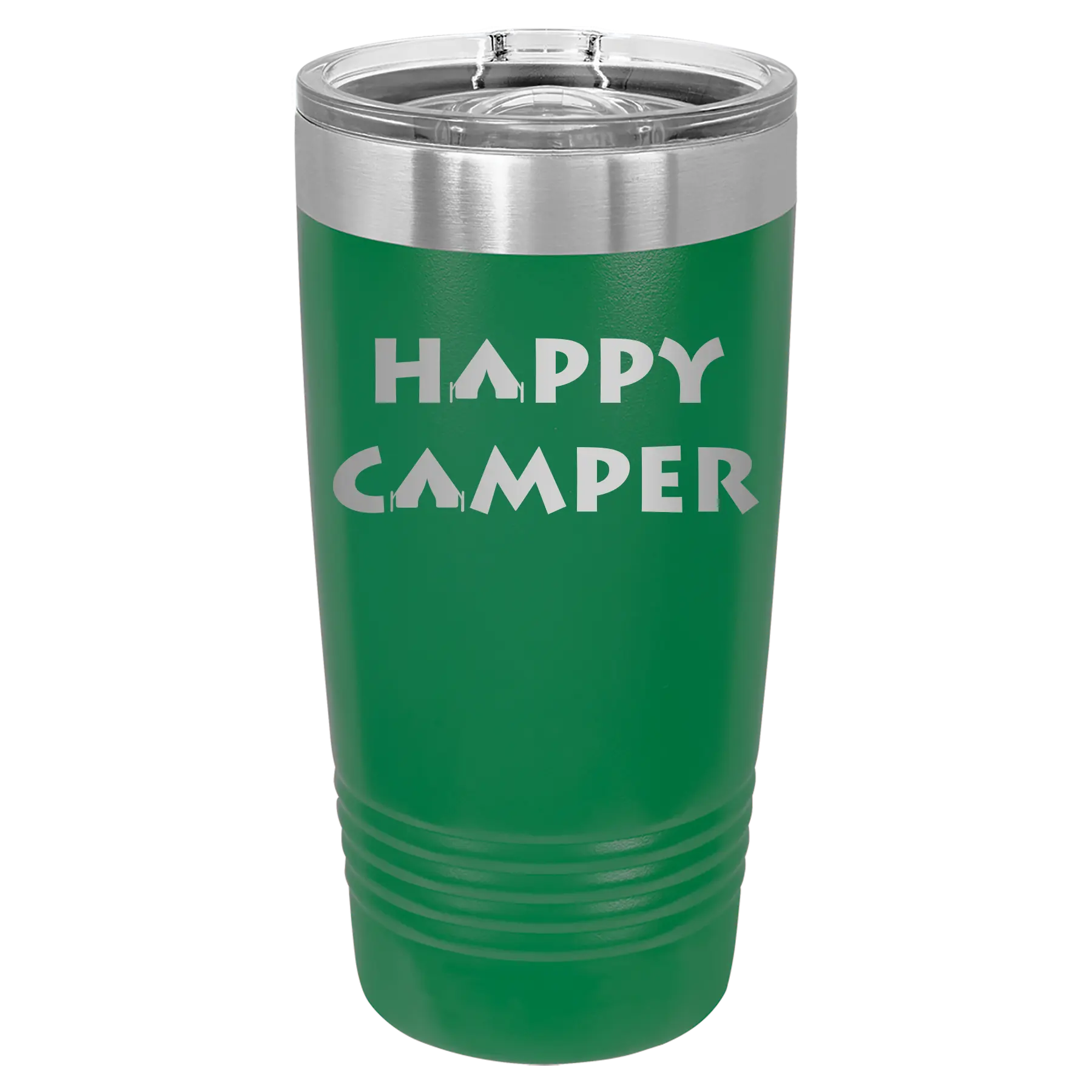 Laser etched green 20 oz vacuum insulated tumbler with 'Happy Camper' design