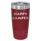 Laser etched maroon 20 oz vacuum insulated tumbler with 'Happy Camper' design