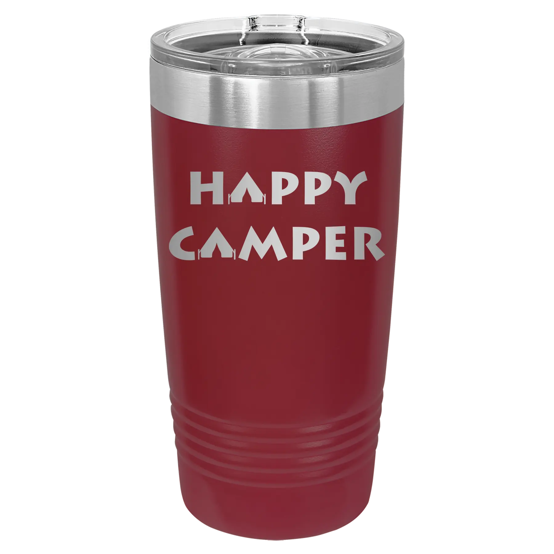 Laser etched maroon 20 oz vacuum insulated tumbler with 'Happy Camper' design