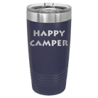 Laser etched navy 20 oz vacuum insulated tumbler with 'Happy Camper' design