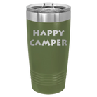Laser etched olive green 20 oz vacuum insulated tumbler with 'Happy Camper' design