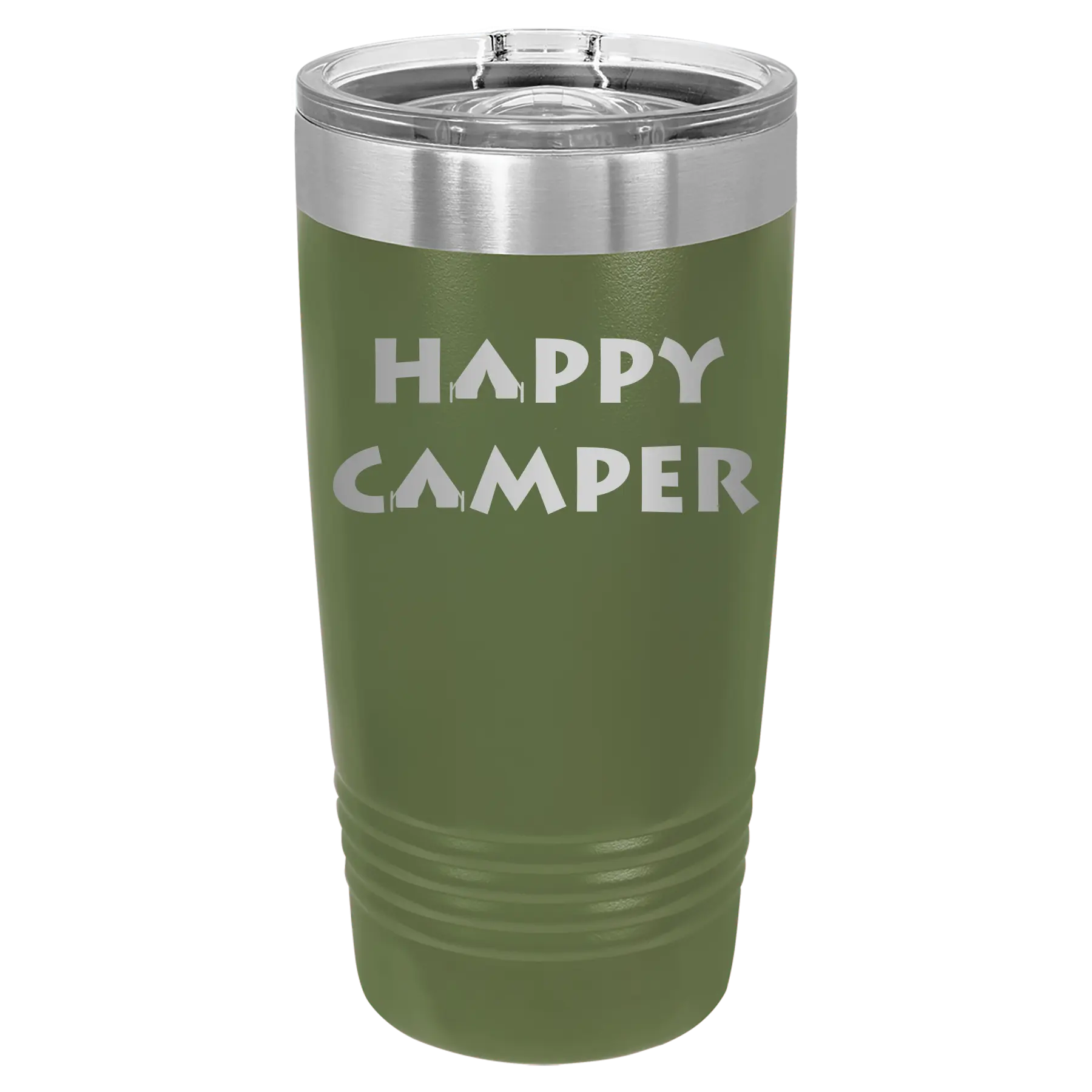 Laser etched olive green 20 oz vacuum insulated tumbler with 'Happy Camper' design
