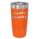 Laser etched orange 20 oz vacuum insulated tumbler with 'Happy Camper' design