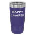 Laser etched purple 20 oz vacuum insulated tumbler with 'Happy Camper' design