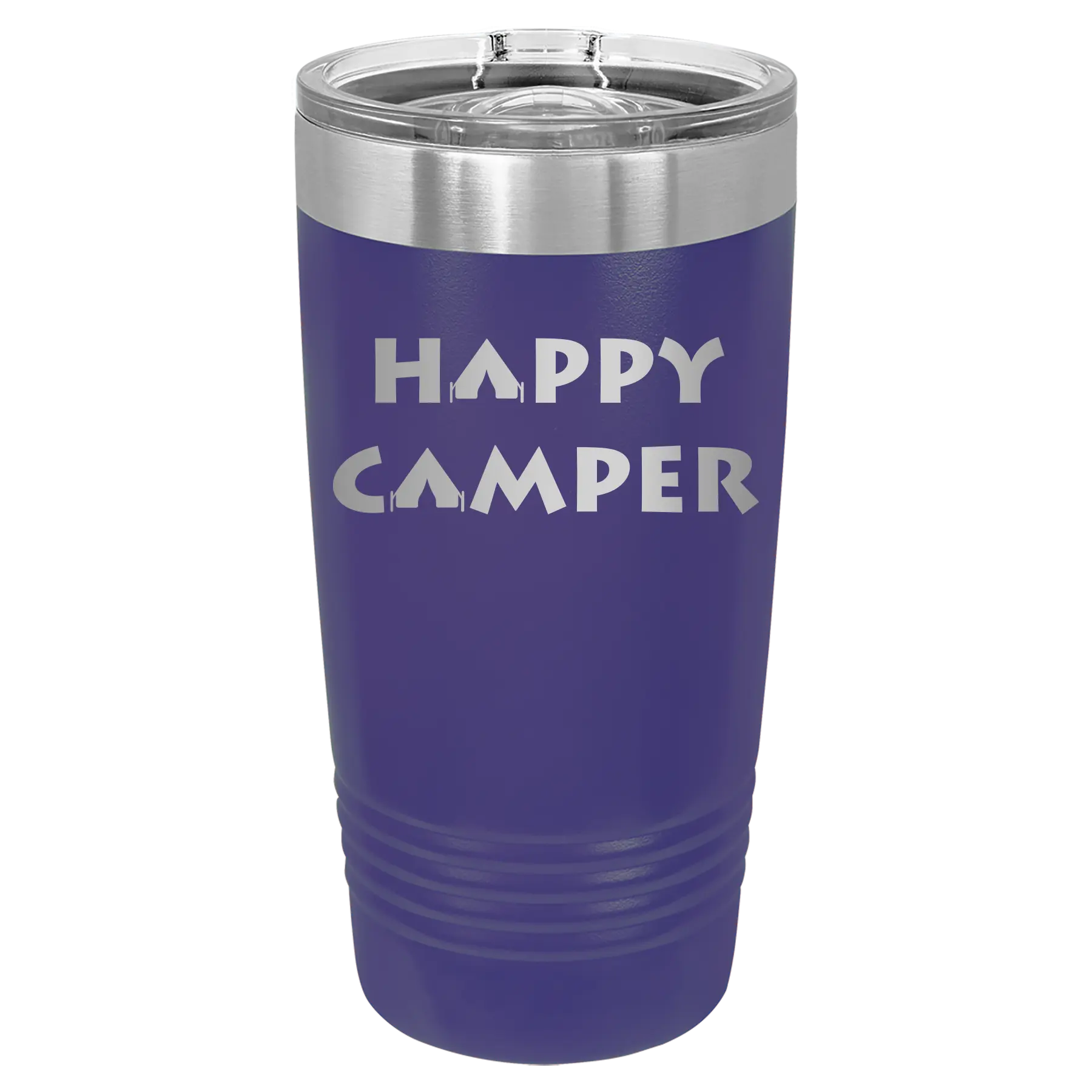 Laser etched purple 20 oz vacuum insulated tumbler with 'Happy Camper' design
