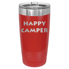 Laser etched red 20 oz vacuum insulated tumbler with 'Happy Camper' design