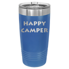 Laser etched royal blue 20 oz vacuum insulated tumbler with 'Happy Camper' design