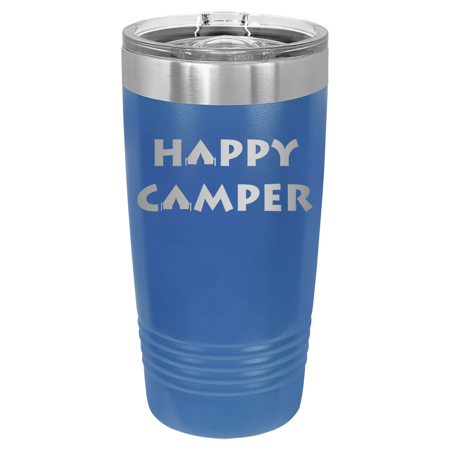 Laser etched royal blue 20 oz vacuum insulated tumbler with 'Happy Camper' design
