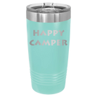 Laser etched teal 20 oz vacuum insulated tumbler with 'Happy Camper' design
