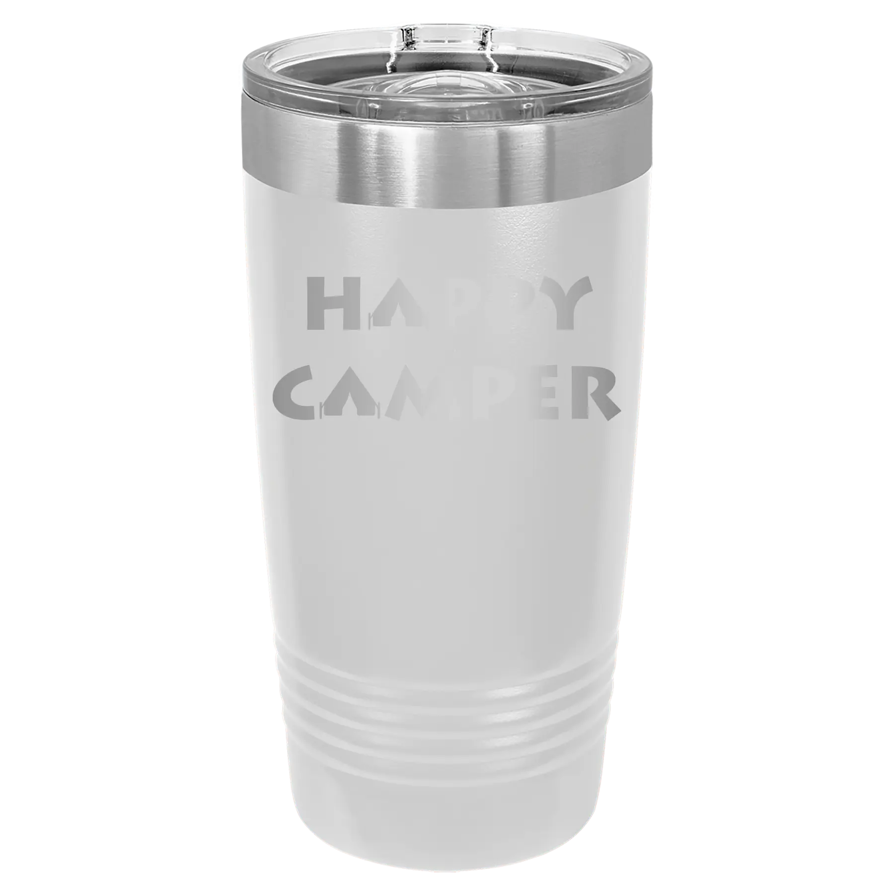 Laser etched white 20 oz vacuum insulated tumbler with 'Happy Camper' design