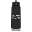 Laser etched black 20 oz vacuum insulated water bottle with 'Happy Camper' design