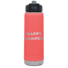 Laser etched coral 20 oz vacuum insulated water bottle with 'Happy Camper' design