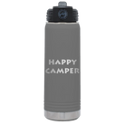 Laser etched dark gray 20 oz vacuum insulated water bottle with 'Happy Camper' design