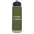 Laser etched olive green 20 oz vacuum insulated water bottle with 'Happy Camper' design