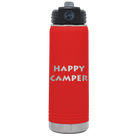 Laser etched red 20 oz vacuum insulated water bottle with 'Happy Camper' design