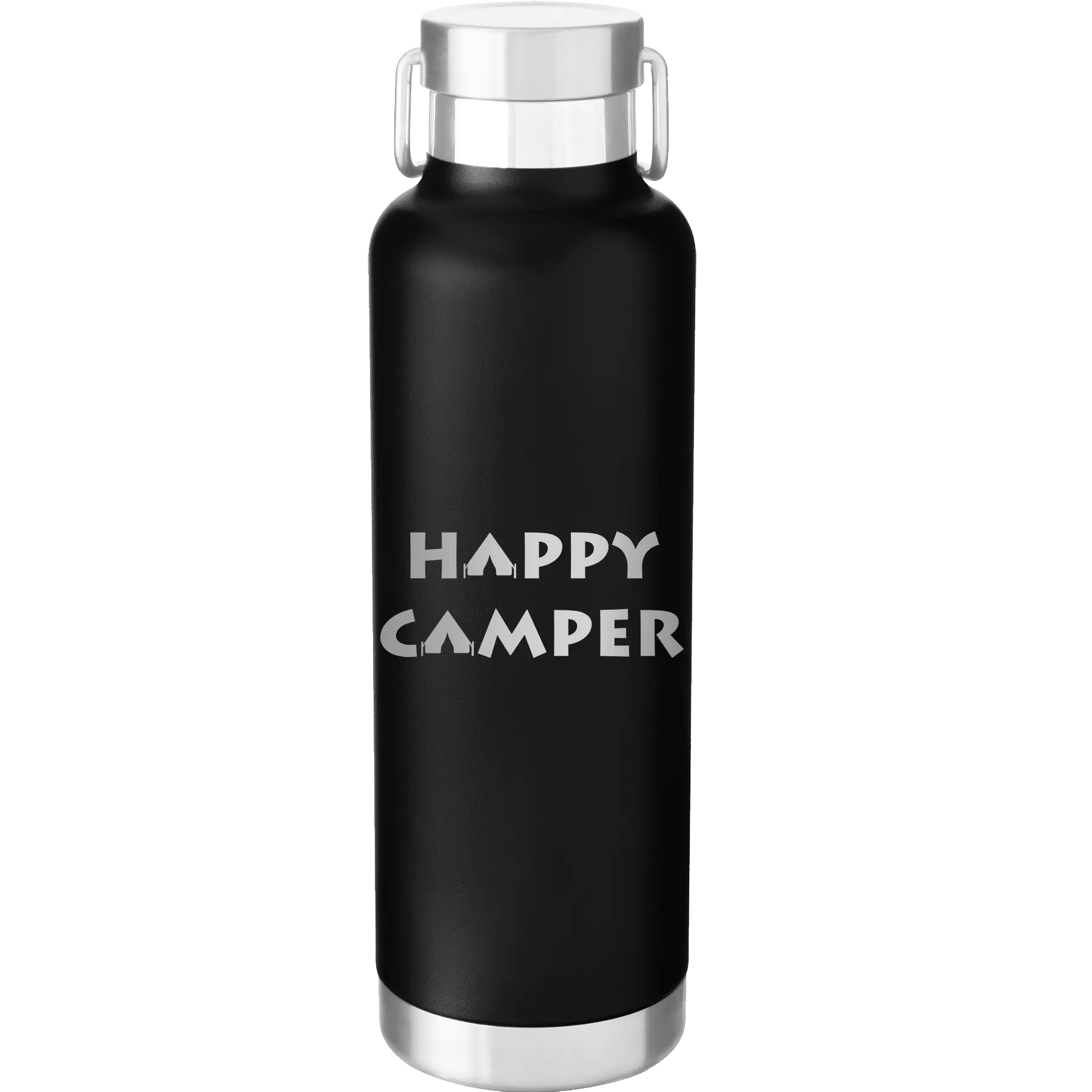 Laser etched black 24 oz vacuum insulated water bottle with 'Happy Camper' design
