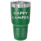 Laser etched green 30 oz vacuum insulated tumbler with 'Happy Camper' design