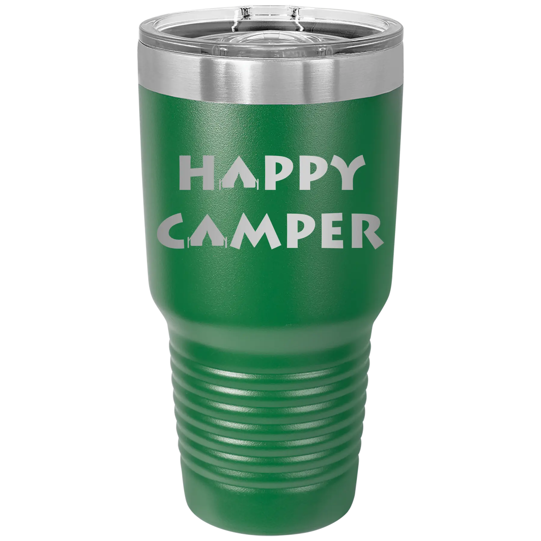 Laser etched green 30 oz vacuum insulated tumbler with 'Happy Camper' design