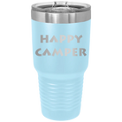 Laser etched light blue 30 oz vacuum insulated tumbler with 'Happy Camper' design