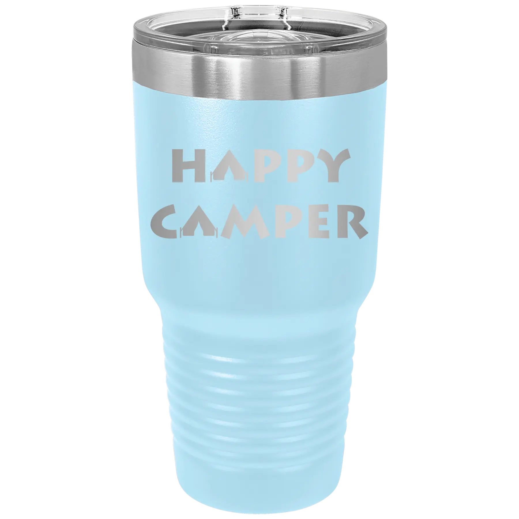 Laser etched light blue 30 oz vacuum insulated tumbler with 'Happy Camper' design